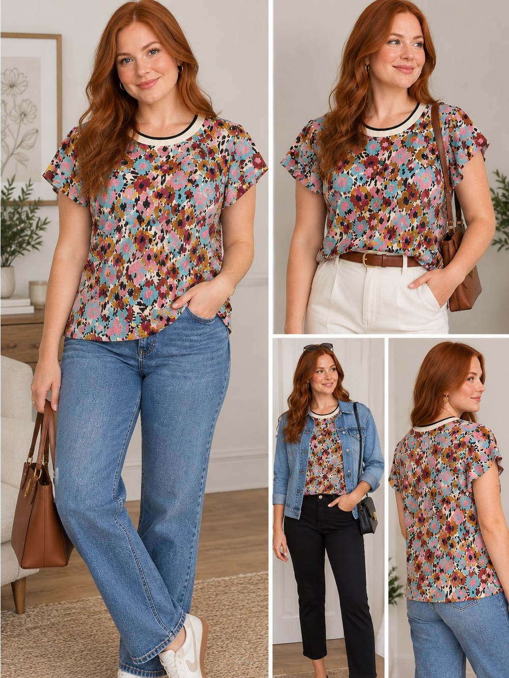 Women’s THM Medium Floral Print Short Sleeve Top - Pink, Aqua & Mustard